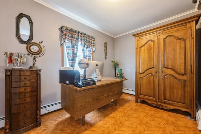 office area featuring ornamental molding and baseboard heating