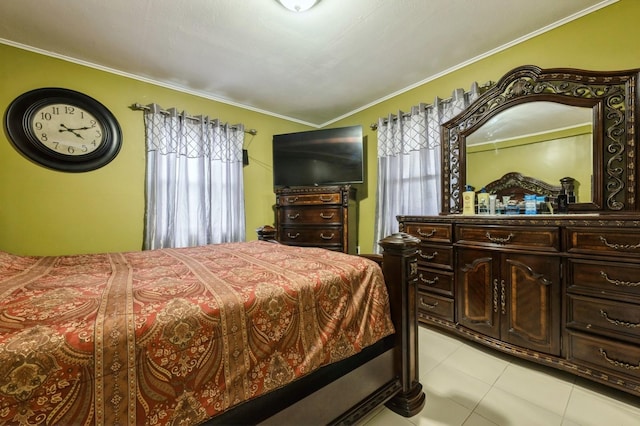 bedroom featuring ornamental molding, multiple windows, and light tile patterned floors