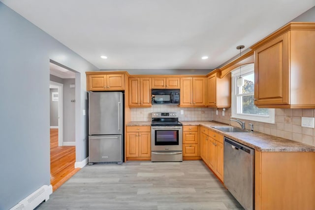 kitchen featuring appliances with stainless steel finishes, light wood-type flooring, a sink, and backsplash