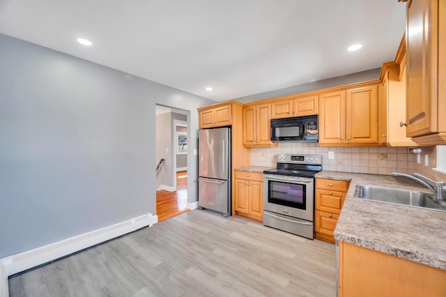 kitchen with a baseboard radiator, decorative backsplash, appliances with stainless steel finishes, light wood-style floors, and a sink