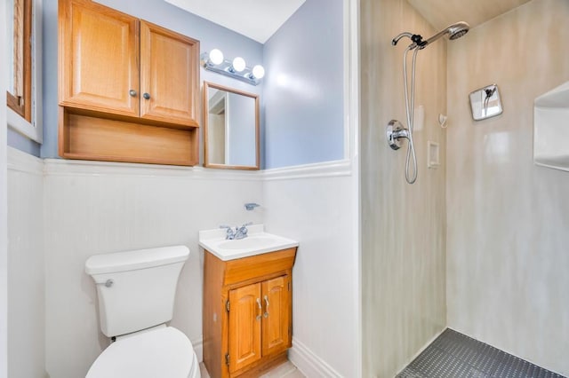 bathroom with toilet, walk in shower, and vanity