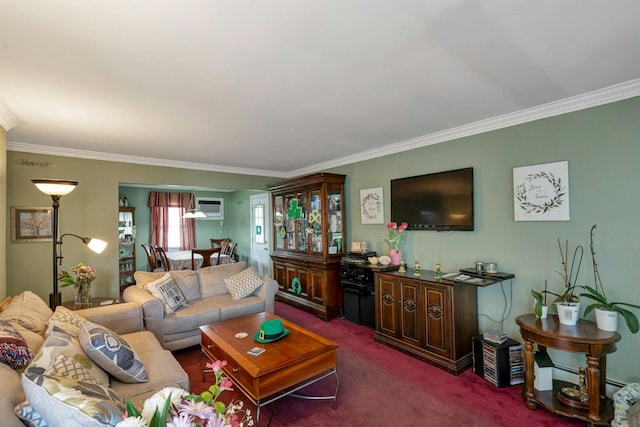 living area featuring crown molding, dark carpet, and an AC wall unit