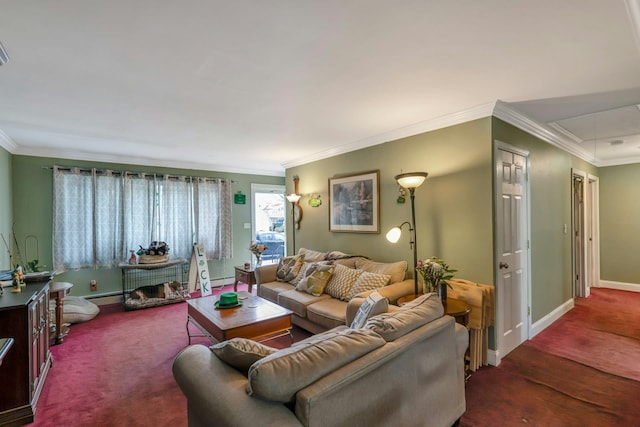 living room with attic access, baseboards, ornamental molding, baseboard heating, and carpet floors