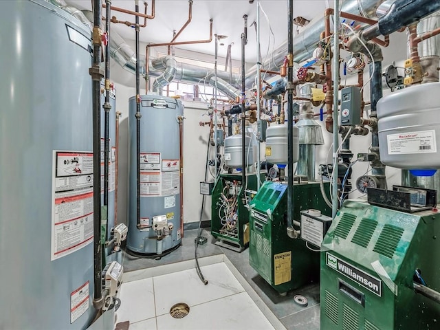 utility room featuring gas water heater and a heating unit