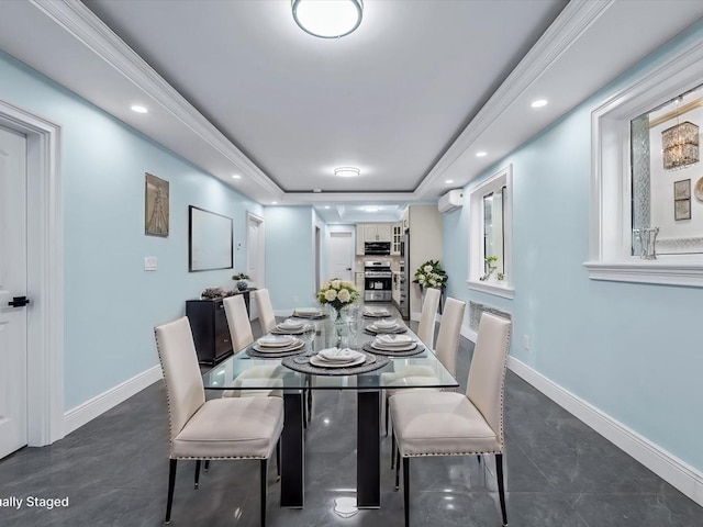 dining space featuring recessed lighting, a raised ceiling, and baseboards