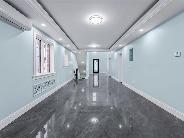 hallway featuring recessed lighting, a wall unit AC, a raised ceiling, and baseboards