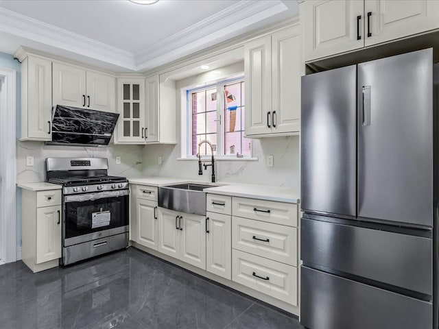 kitchen featuring stainless steel appliances, crown molding, ventilation hood, light countertops, and a sink