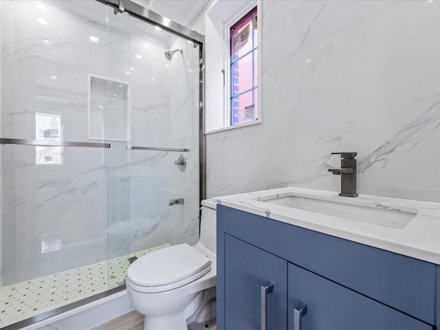 bathroom with toilet, a marble finish shower, and vanity