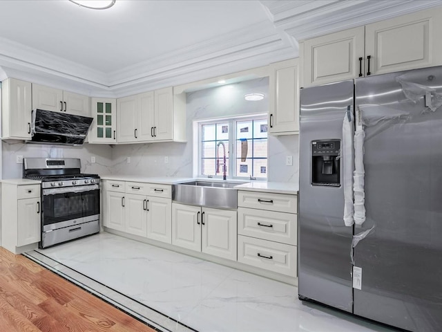 kitchen featuring range hood, stainless steel appliances, light countertops, ornamental molding, and a sink