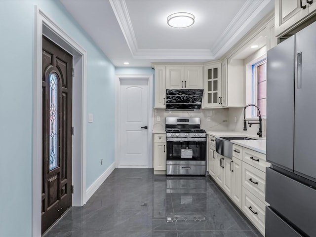 46-38 204th St, Bayside, NY 11361 - kitchen featuring stainless steel appliances, light countertops, backsplash, glass insert cabinets, and ornamental molding