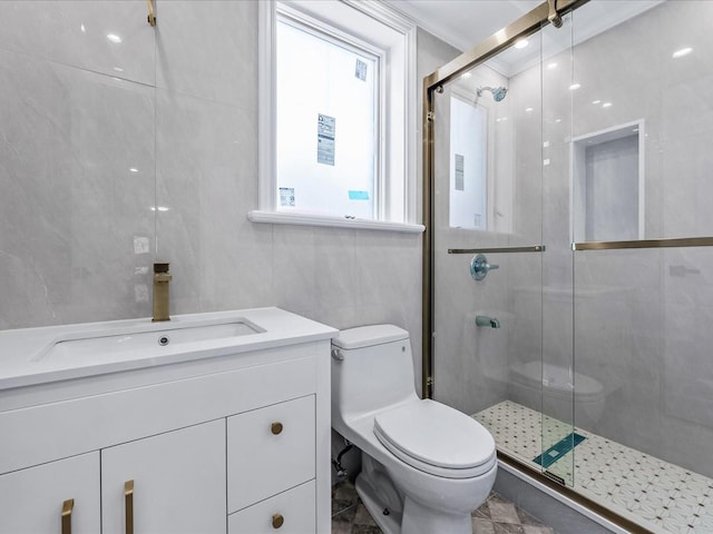 46-38 204th St, Bayside, NY 11361 - bathroom with a shower stall, vanity, and ornamental molding