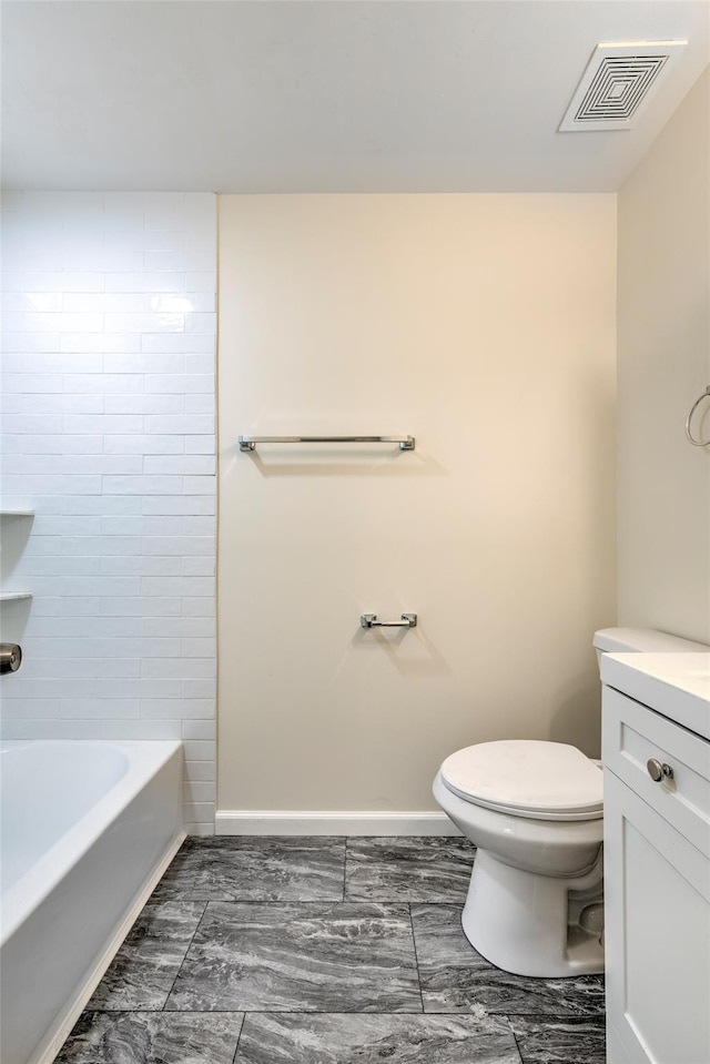 full bathroom featuring baseboards, visible vents, vanity, and toilet