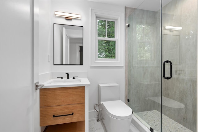 full bath featuring toilet, vanity, baseboards, marble finish floor, and a shower stall