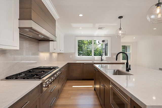 kitchen featuring light wood finished floors, stainless steel appliances, tasteful backsplash, a sink, and premium range hood