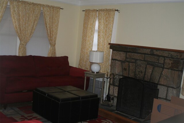 living room with a stone fireplace