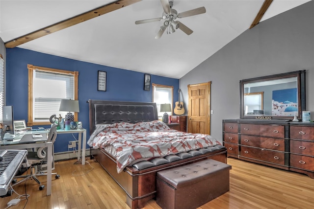 bedroom with vaulted ceiling with beams, ceiling fan, baseboard heating, and wood finished floors