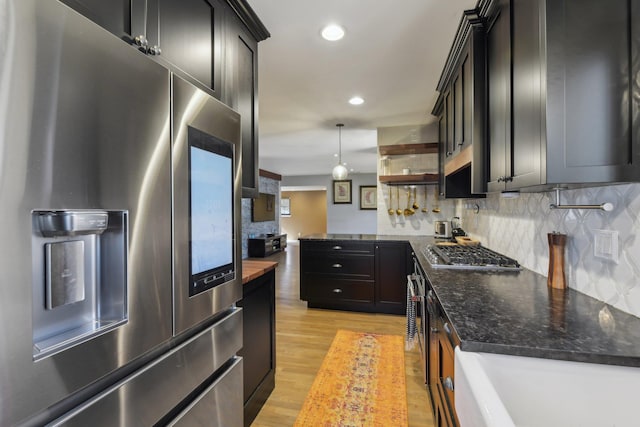 kitchen featuring open shelves, stainless steel appliances, recessed lighting, tasteful backsplash, and light wood-type flooring