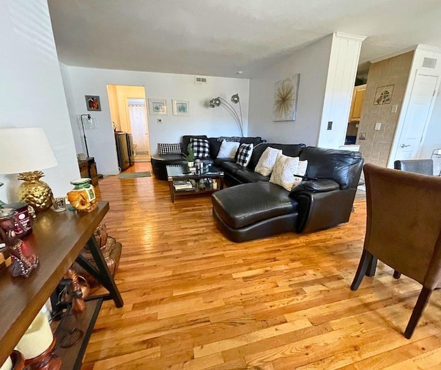 living room featuring light wood-style floors and visible vents