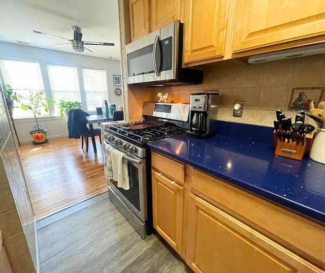 kitchen featuring backsplash, ceiling fan, stainless steel appliances, and wood finished floors