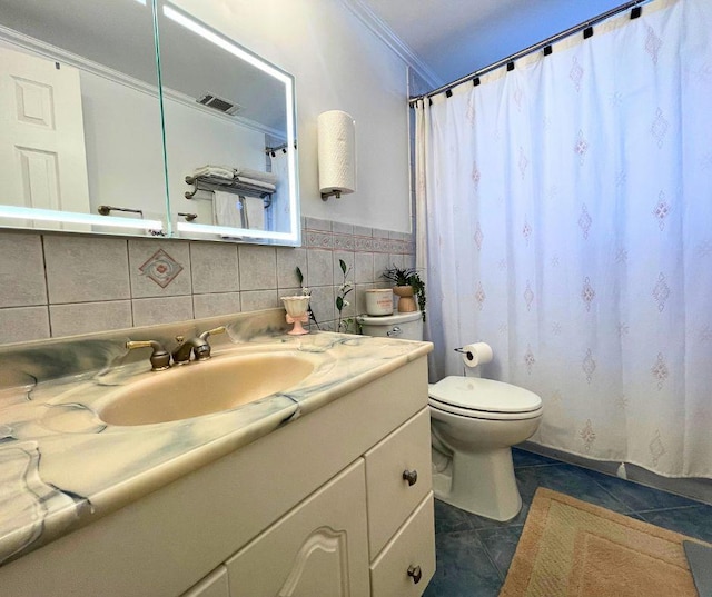 full bath with visible vents, toilet, ornamental molding, tile patterned flooring, and vanity