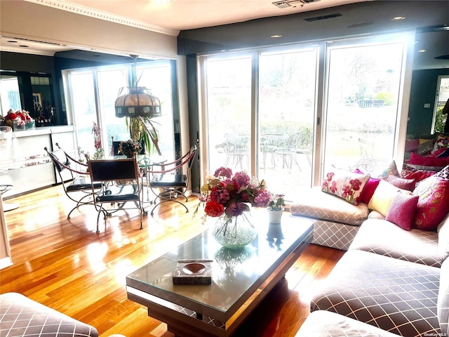 living area with visible vents and wood finished floors