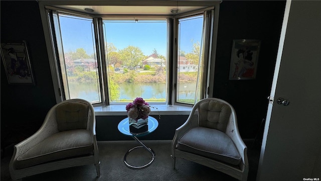 living area featuring a water view