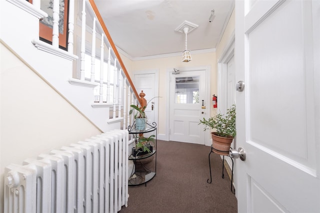 carpeted entrance foyer with ornamental molding, radiator, baseboards, and stairs