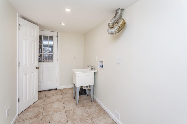 laundry room featuring laundry area, light tile patterned floors, baseboards, hookup for a washing machine, and recessed lighting