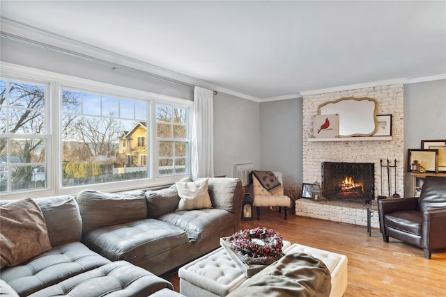 living room featuring a fireplace, crown molding, and light wood-style flooring