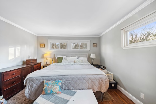 bedroom with baseboards, dark wood-style flooring, and crown molding