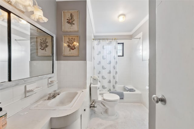 full bath with crown molding, tile walls, shower / bath combination with curtain, toilet, and vanity