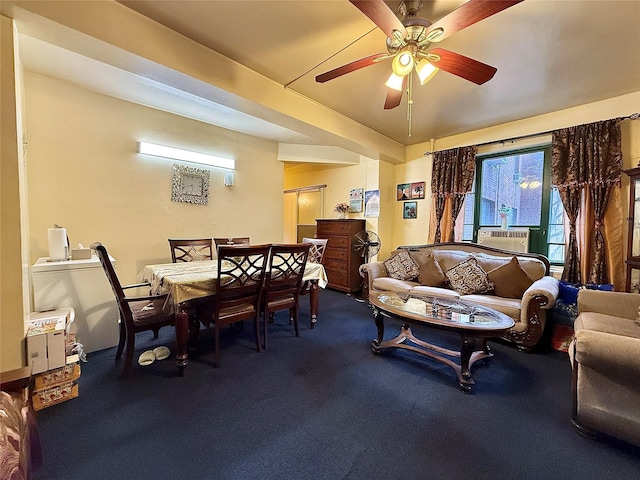 carpeted living room featuring a ceiling fan and cooling unit