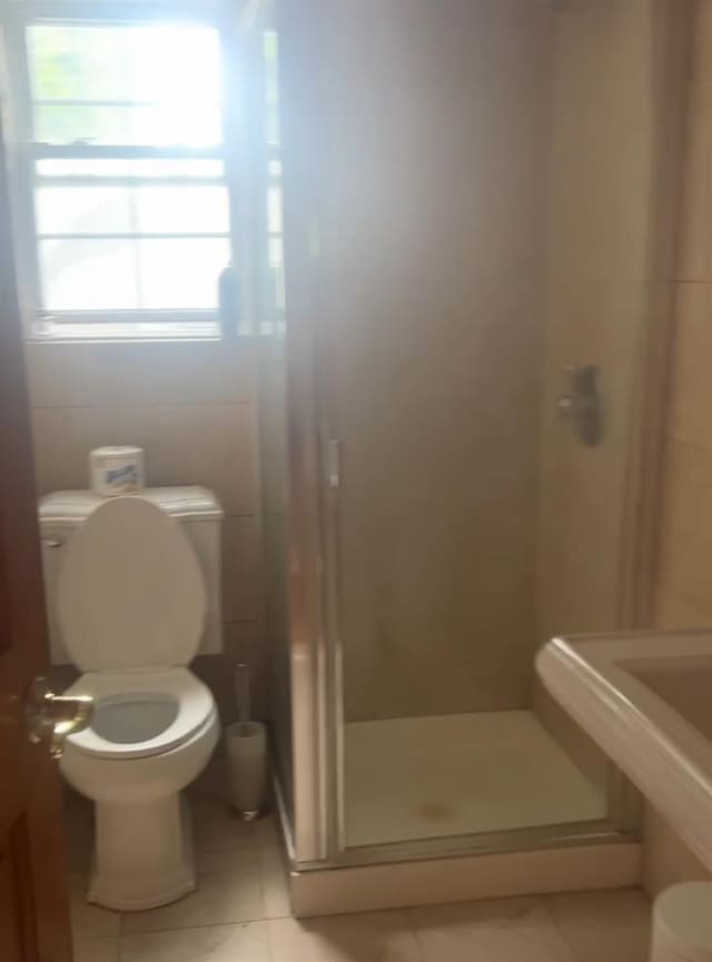 bathroom with toilet, tile patterned flooring, and a shower stall