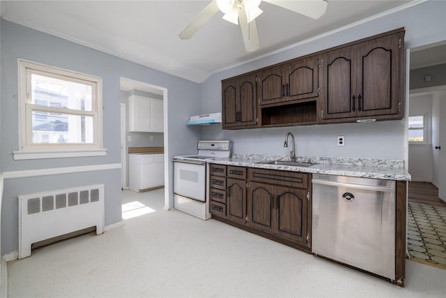 kitchen with white electric stove, under cabinet range hood, a sink, radiator, and dishwasher