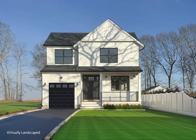 view of front of home featuring a garage, aphalt driveway, covered porch, fence, and a front lawn