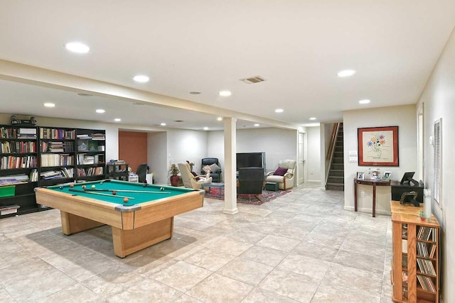 game room with baseboards, billiards, visible vents, and recessed lighting