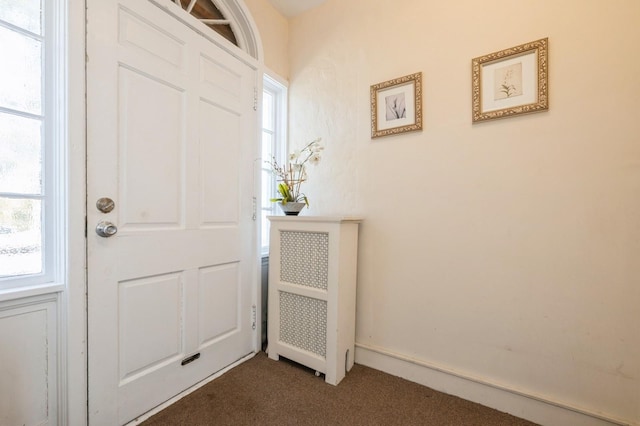 entryway with a wealth of natural light, dark carpet, and baseboards