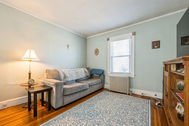 living room with baseboards, radiator heating unit, wood finished floors, and crown molding