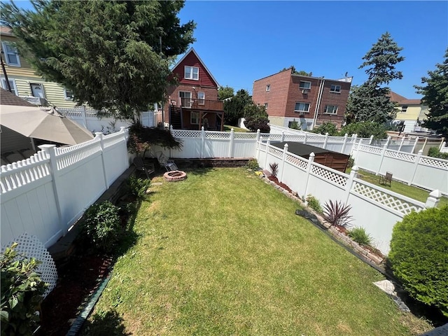 view of yard with a fenced backyard and a residential view