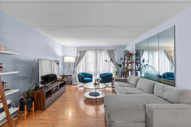 living room featuring light wood-style floors, a textured ceiling, and a wealth of natural light