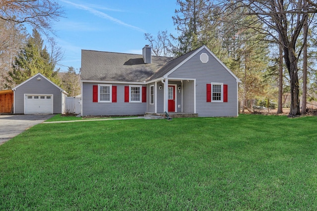 view of front facade with a front lawn, driveway, an outdoor structure, a garage, and a chimney