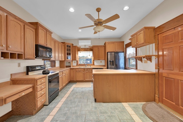 kitchen with black microwave, recessed lighting, a sink, electric stove, and stainless steel refrigerator with ice dispenser