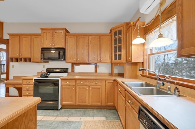 kitchen featuring glass insert cabinets, an AC wall unit, black microwave, a sink, and range with electric stovetop