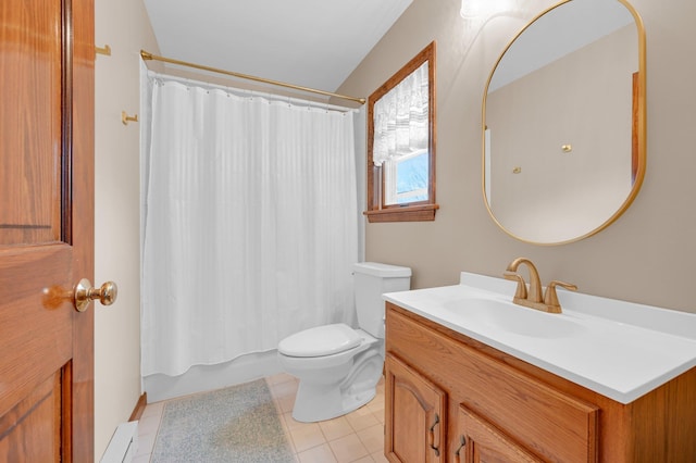 bathroom with a baseboard radiator, tile patterned flooring, toilet, vanity, and shower / tub combo with curtain