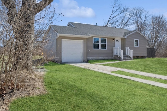 ranch-style house featuring a garage, concrete driveway, a front lawn, and a shingled roof