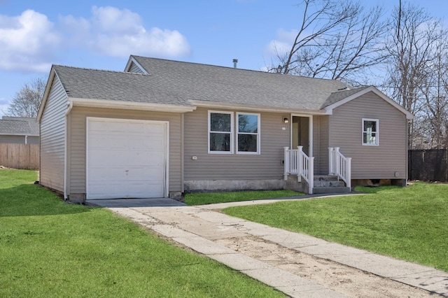 ranch-style home featuring a shingled roof, a front lawn, and concrete driveway