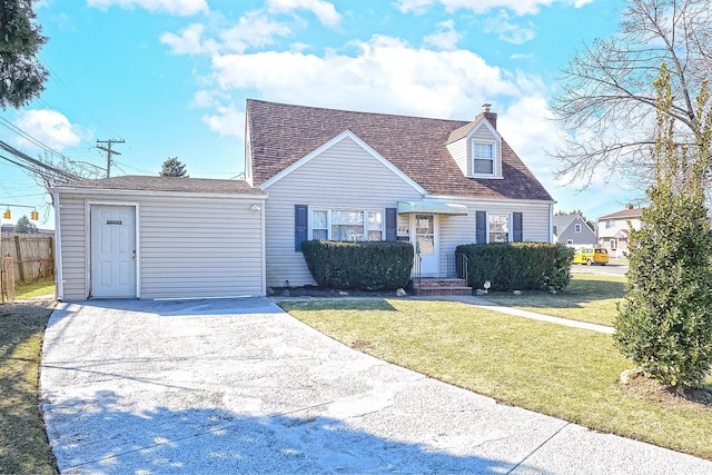 cape cod home featuring a shingled roof, fence, driveway, a chimney, and a front yard