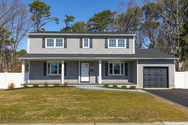 view of front facade with a porch, a front yard, fence, a garage, and driveway