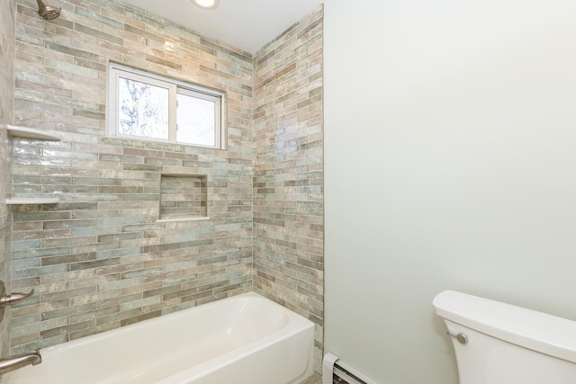 full bath featuring baseboard heating, shower / bathing tub combination, and toilet