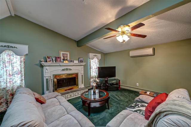 living area with lofted ceiling with beams, a wall unit AC, baseboards, carpet, and a glass covered fireplace